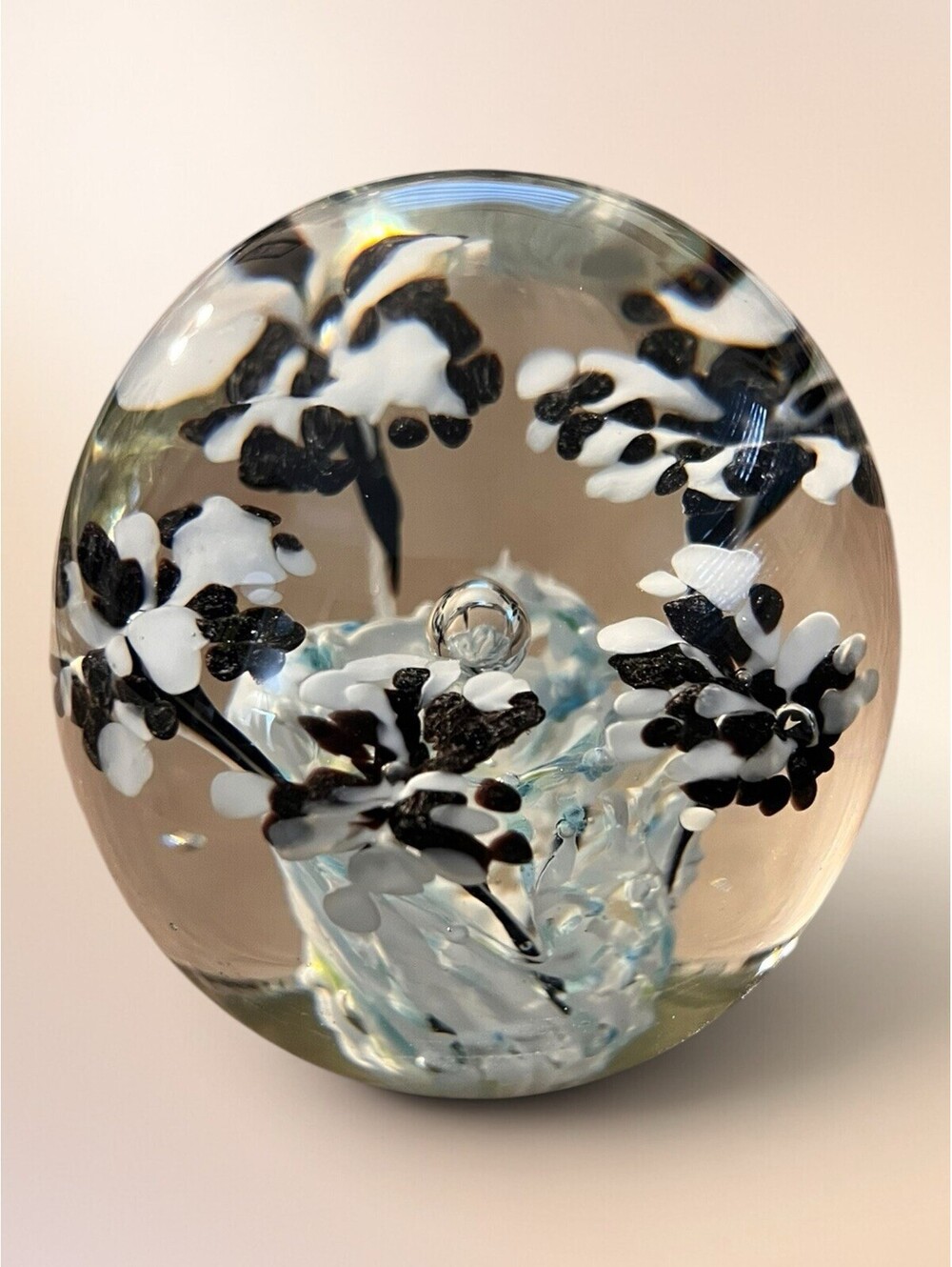 Vintage Art Glass Black-And-White Floral Paperweight Controlled Bubble Retro